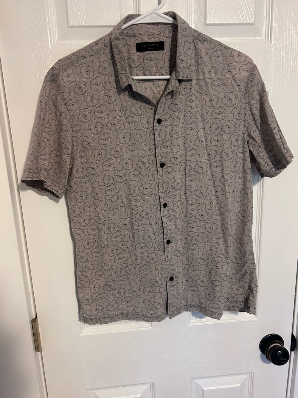All Saints Gray Short-Sleeve Button-Up Shirt with Subtle Floral Print